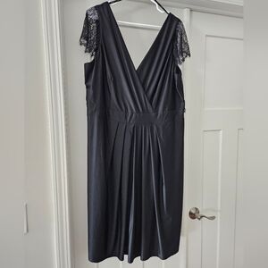 Elegant City Chic Black Drape Midi Dress with Eyelash Lace Sleeves